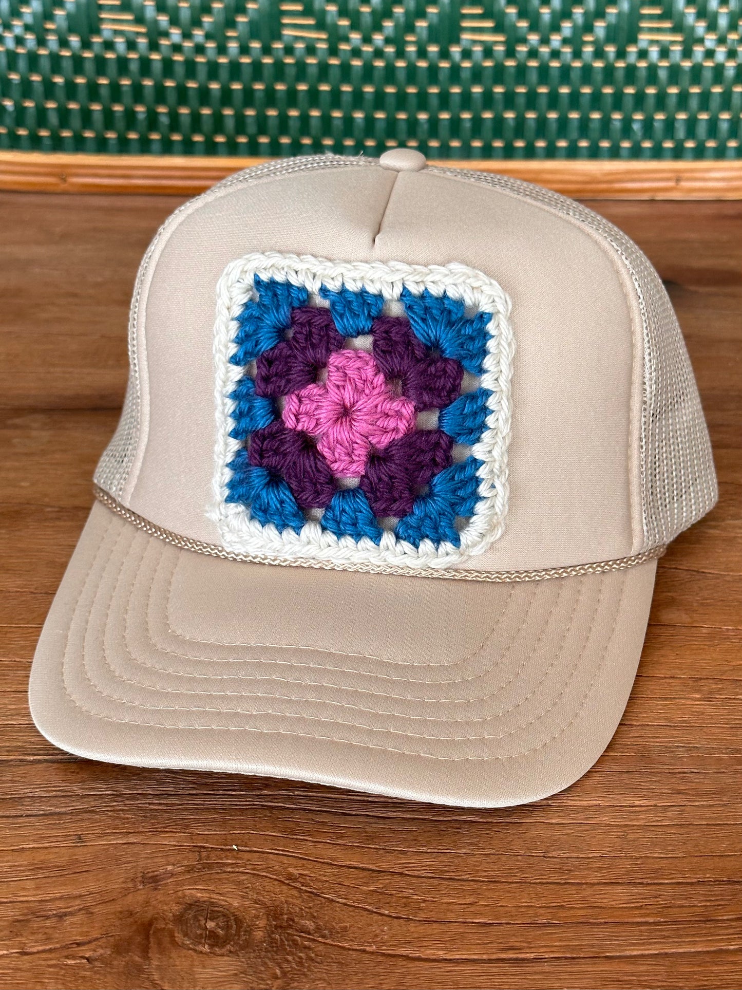 Khaki Hat - Blue, Plum, Pink Square