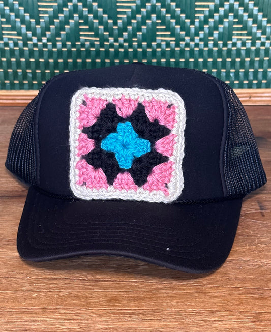 Black Hat - Pink, Black, Light Blue Square