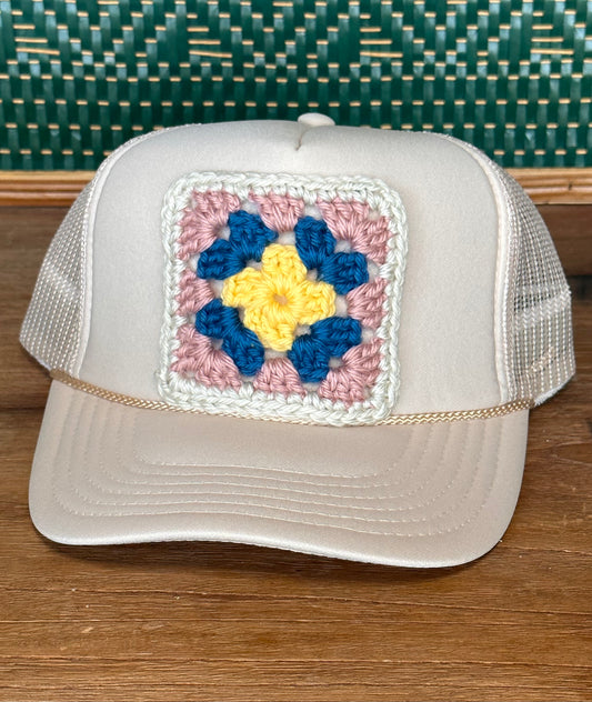 Tan Hat - Pink, Blue, Yellow Square